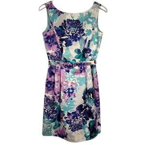 Eliza J Women's Sheath Dress 6 with Belt Blue Purple Watercolor Flowers Formal